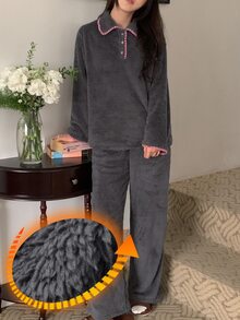 DAZY طقم بيجامة نسائي كاجوال للاستخدام اليومي والمنزلي بتصميم ألوان متباينة، ملابس علوية بأكمام طويلة وبنطلون - رمادي - مشاهدة 8