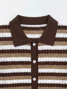 Solivie Women's Colorblock Striped Pattern Long Sleeve Shirt Collar Button Front Knit Cardigan - Coffee Brown - View 3