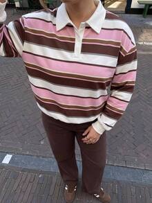 Solavibe Plus Size Colorblock White Chocolate Brown Polo Collar Long Sleeve Sweatshirt Casual Elegant Winter Fall Birthday Formal Party Homewear - Pink - View 7