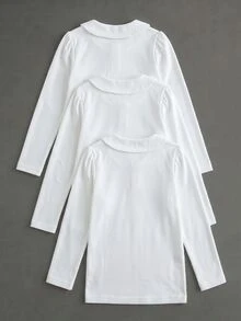Young Girls White 3pcs Long Sleeve Polo Shirts, Peter Pan Collar Exquisite Heart Button, Long Sleeve T-Shirts, Basic Solid Color Fitted T-Shirts, Suitable For Back To School Season - White - View 2