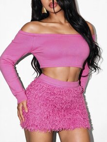 BamGleam Women's Sweater Two Pieces Set, Pink Sleeveless, Off-Shoulder, Knitted Top, Fringe Mini Skirt, Date, Photo, Party, Party, Millennial Hot Girl Style, - Pink - View 4