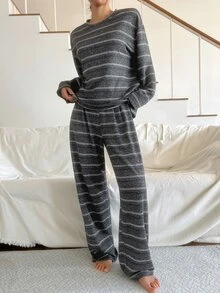 DAZY Women's Striped Crew Neck Drop Shoulder Long Sleeve Top And Pants Pajama Set - Grey - View 1