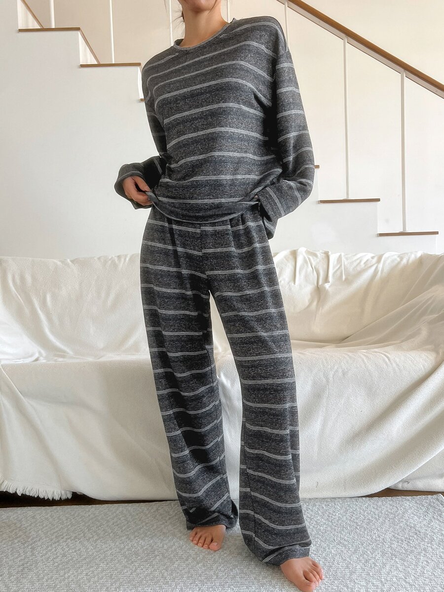 DAZY Women's Striped Crew Neck Drop Shoulder Long Sleeve Top And Pants Pajama Set - Grey - View 1