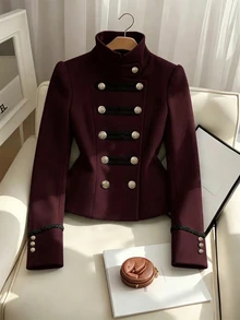 SHEIN 女款法式復古立領雙排扣金鈕扣收腰短版龍鳳羊毛夾克，宮廷風緞帶裝飾修身夾克上衣 - 酒紅色 - 查看 4