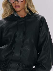 MUSERA Ribbed Crewneck Collar Faux Leather Hidden Zip Front Oversized Bomber Style Jacket Fall Autumn Winter Daily Everyday Outerwear - Black - View 5