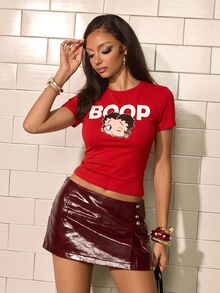 Betty Boop x SHEIN 女款卡通圖案休閒日常短袖T恤 - 紅色 - 查看 6