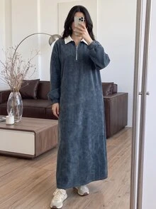 Solavon Women's Colorblock Lapel Zip Design Long Sleeve Arabian Dress - Blue - View 5