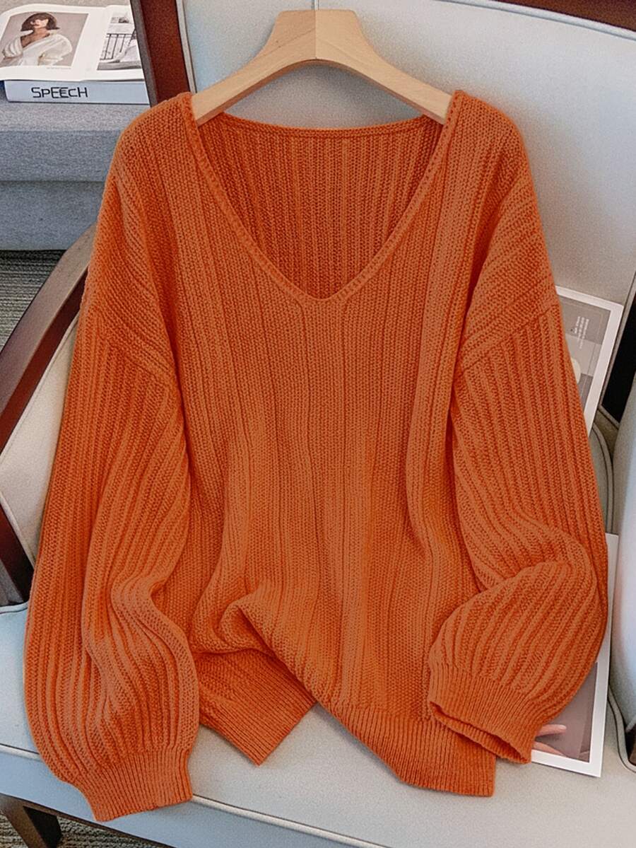 GlowEve CURVE Plus Size Elegant V-Neck Drop Shoulder Long Sleeve Pullover Sweater - Orange - View 1