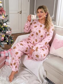 Slumberry CURVE طقم بيجامة نسائي مقاس كبير بطبعة رجل الزنجبيل وحلوى عيد الميلاد، محبوك بياقة دائرية وأكمام طويلة وبنطال - متعدد الألوان - مشاهدة 4