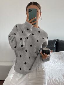Livesso Petite Áo len dài tay họa tiết chấm bi phong cách thường ngày cho nữ - Xám - Xem 6