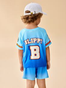Blippi X SHEIN Young Boys Crew Neck Striped Letter Print T-Shirt And Shorts Set - Blue - View 4