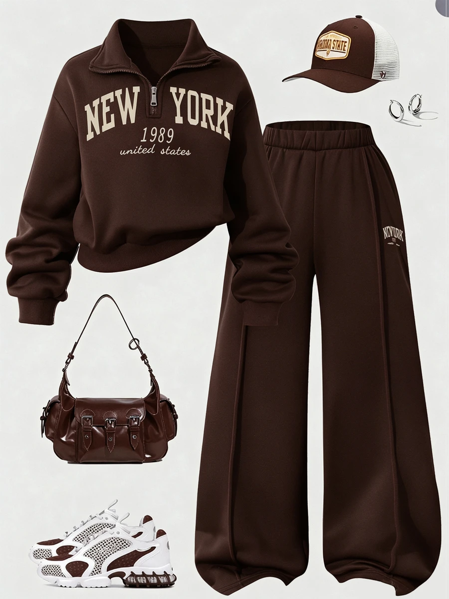 SHEIN Sparklyn 女童休閒兩件套,春秋冬季,紐約字母印花立領衛衣與短褲,保暖校園穿搭,適合日常穿著、上學、通勤、外出、散步、購物、旅行,可搭配夾克、背心、棉襖 - 棕色 - 查看 1
