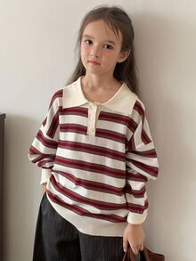 DAZY (Gadis Remaja) Sweater Longgar Berkerah Garis-garis Kasual Potongan Lurus Lengan Panjang Warna Kontras, Musim Gugur/Dingin - Aprikot - View 5