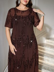 Reflora Plus Size Women's Solid Color Round Neck Short Sleeve Sequin Elegant Dress - Brown - View 6