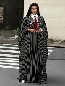 Mawevolt Preppy Style Youthful Mid-Length Blue & White Vertical Striped Loose Batwing Sleeve Shirt Dress Fall - Black and White - View 4