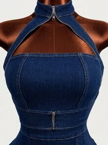 Mistrie Women's Hollow Out Casual Daily Wear Halter Neck Denim Dress - Blue - View 6