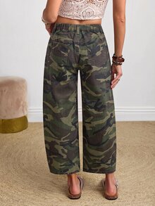 SHEIN PETITE 女款迷彩休閒日常牛仔褲，附口袋與鈕扣設計 - 軍綠色 - 查看 2