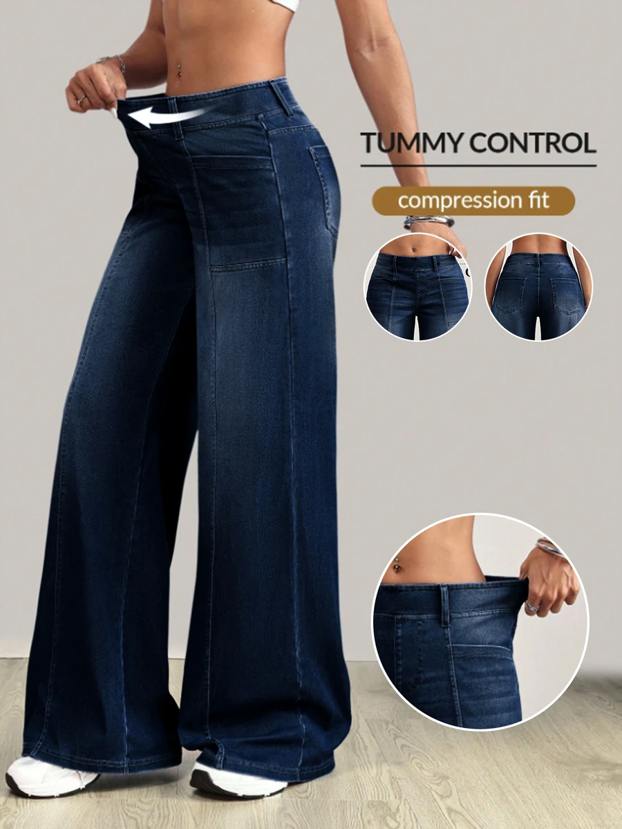 Flexra Plus Size Fashion Medium Blue Denim Washed Wide Leg Pants - Navy Blue - View 1