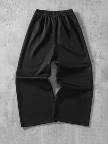 SHEIN Vacaura 男孩休閒極簡舒適運動黑色運動長褲，適合春秋冬季，校園與戶外穿著 - 黑色 - 查看 2