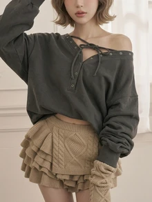 FRIFUL Women's Solid Color Off-Shoulder Casual Daily Long Sleeve Sweatshirt - Grey - View 3