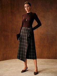 MOTF PREMIUM WOMEN'S COMMUTER ASYMMETRIC PLAID SKIRT - Coffee Brown - View 5
