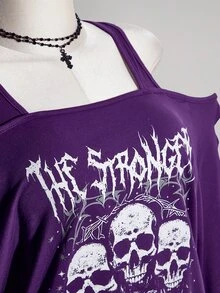 SHEIN ICON 女款大尺碼破洞口號骷髏印花紫色露肩T恤 - 紫色 - 查看 7