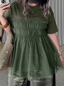 Dazy Plus Solid Color Contrast Mesh Doll Blouse Cute Pullover Short Sleeve T-Shirt Spring Summer Autumn - Green - View 4
