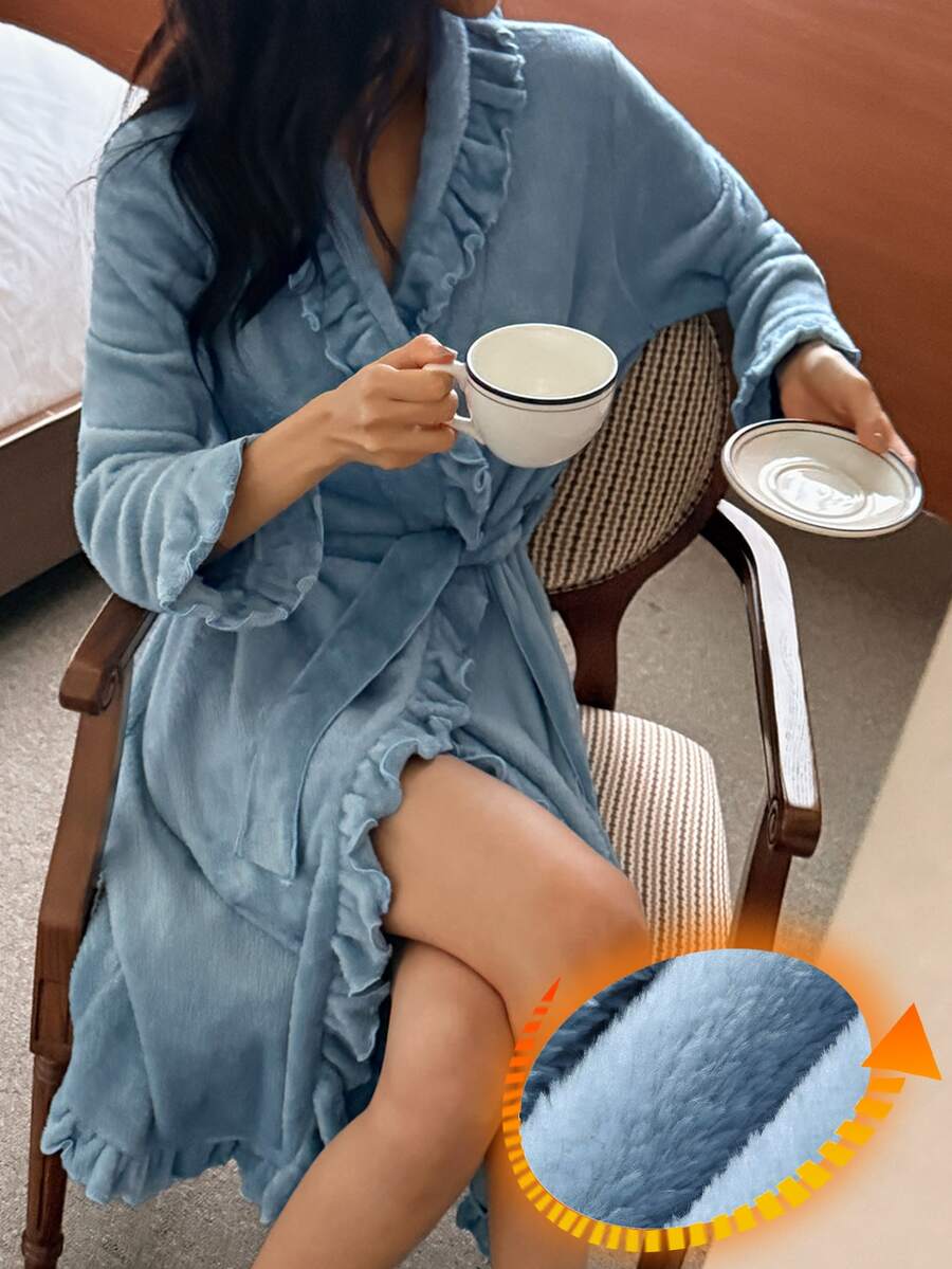 DAZY رداء نسائي أنيق بأكمام طويلة وكشكشة وتصميم رقعات بلون موحد - الأزرق - مشاهدة 1