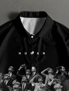 Manfinity ZONE917 Men American Style Loose Fashion Casual Distressed Vintage HUMAN Graphic Black Long Sleeve Cropped Shirt, Goth - Black - View 4