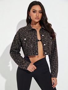 Jeanoix 女款戶外時尚四季通用多口袋豹紋寬鬆棕色牛仔外套 - 棕色 - 查看 6