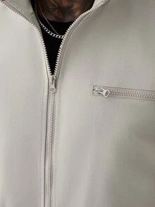 Manfinity Homme طقم رياضي بأسلوب الشارع الأمريكي، جاكيت بياقة واقفة برباط وسروال كاجوال واسع الساق ثقيل الوزن، مناسب لهدايا عيد الهالوين والكريسماس ورأس السنة - رمادي - مشاهدة 7