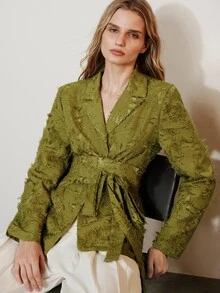 Aveloria Modichic Women's Blazer Slim Wrap Waist Jacquard Frayed Lapel Self Tie Fringe Commute Olive Green Elegant Designer Jacket Tops - Green - View 7
