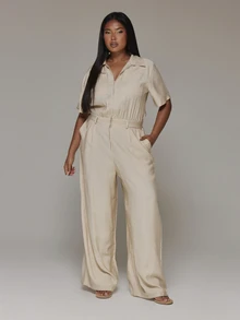 MUSERA Plus Size Beige Extreme Wide Leg Woven Utility Jumpsuit Spring Summer Casual Everyday Day Outfit Going Out - Camel - View 1