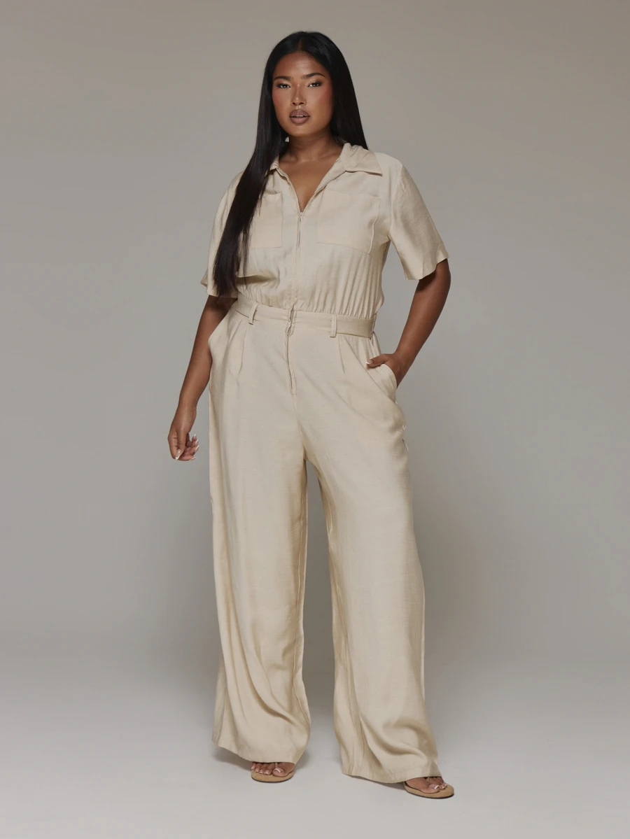 MUSERA Plus Size Beige Extreme Wide Leg Woven Utility Jumpsuit Spring Summer Casual Everyday Day Outfit Going Out - Camel - View 1