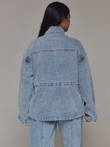MUSERA Plus Size Blue Denim Funnel Neck Lace Detail Jacket Spring Summer Casual Everyday Day Outfit Going Out - Blue - View 5