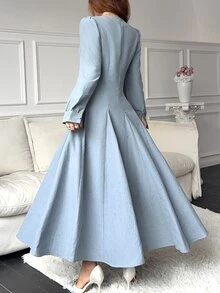 Feyla Women's Elegant Button Pleated Waist Dress Wedding Brunch Navy Blue Autumn - Blue - View 6
