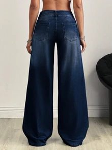 Flexra Plus Size Fashion Medium Blue Denim Washed Wide Leg Pants - Navy Blue - View 2
