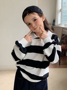 Dazy Kids (فتاة مراهقة) سويتشيرت فضفاض بياقة مخططة كاجوال بأكمام طويلة، خريف/شتاء - أبيض وأسود - مشاهدة 4