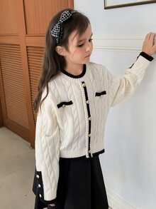DAZY Tween Girl Round Neck Colorblock Long Sleeve Autumn/Winter Fashion Knit Cardigan - Apricot - View 8