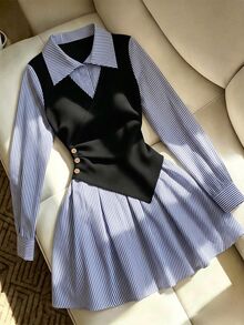 SHEIN فستان نسائي موضة الشارع بأزرار وخطوط بتصميم 2 في 1 - الأزرق - مشاهدة 3