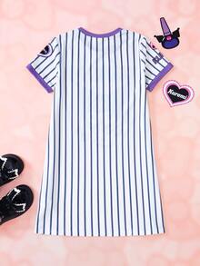 HELLO KITTY AND FRIENDS | SHEIN Tween Girl Cartoon Print Striped Short Sleeve Round Neck Dress - White - View 2