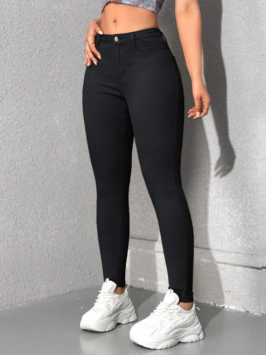 Flexra Fall Streetwear Slimming Button Zip Stretch Denim Black Daily Wear Going Out Flattering Skinny Denim Jeans For Women - Black - View 1