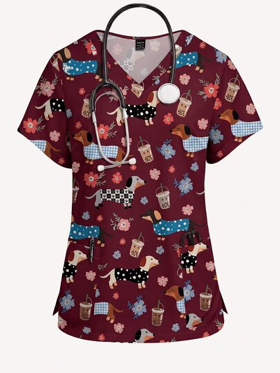 PopScrub Top de Uniforme de Enfermeira Casual Feminina com Estampa de Cachorrinho Floral Cartoon Fofo na Cor Vermelho Vinho, Design de Decote em V, Manga Curta, Bolsos Duplos e Fenda Lateral, Roupa de Trabalho Fashion para Outono/Verão, Top de Uniforme de Enfermeira Fofa Feminina