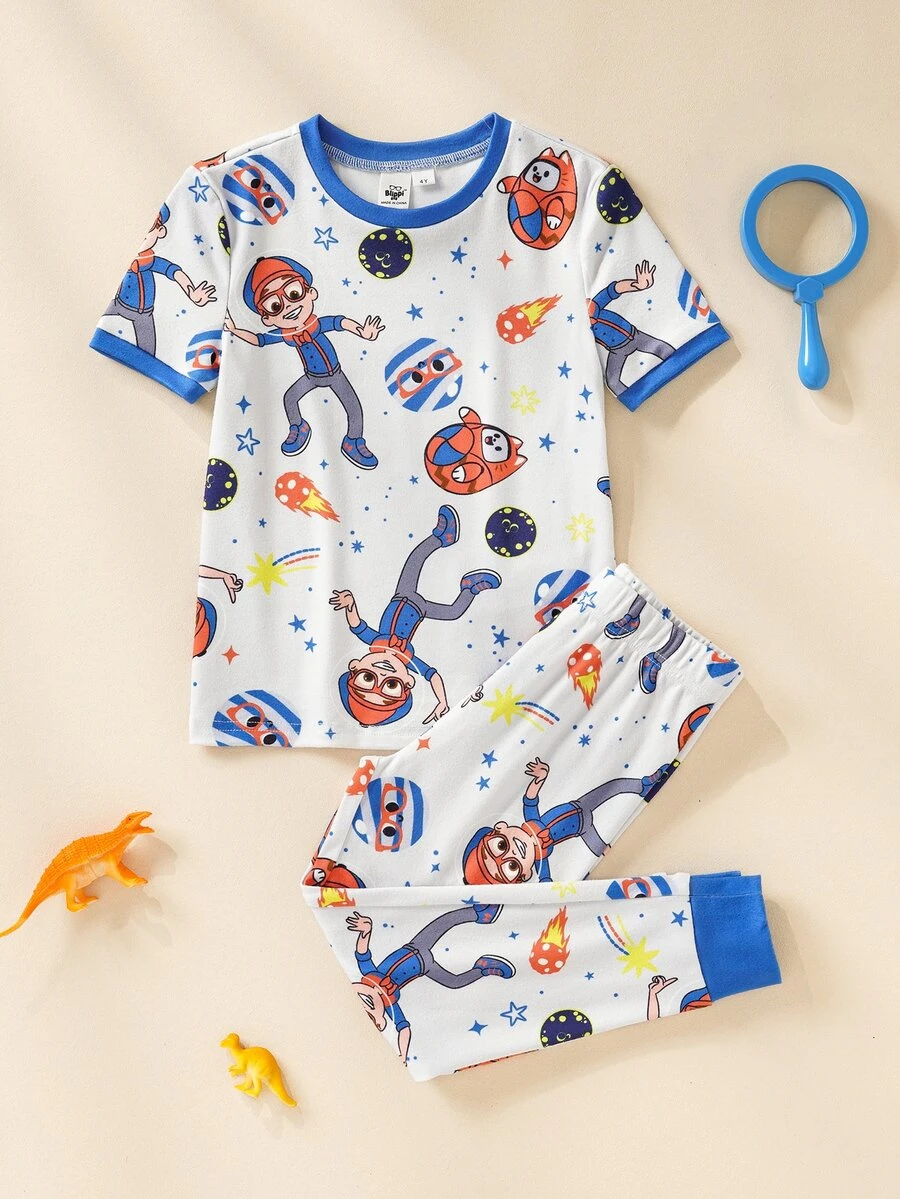 Blippi X SHEIN 小男孩圓領短袖上衣與長褲修身居家服 - 彩色 - 查看 1