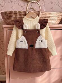 SHEIN Baby Girl Woven Colorblock Cute Deer Embroidery Pattern Corduroy Overall Dress - Multicolor - View 3