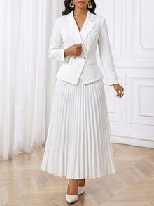 SHEIN Lady Women's Solid Color Lapel Neck Double-Breasted Long Sleeve Blazer Suit - White - View 5