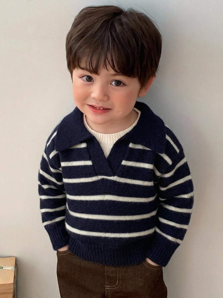 Hapijoa 幼兒男孩秋冬拼色二合一長袖針織衫 - 藏蓝色 - 查看 1