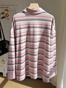 Comfortcana Plus Size Digital Print Striped Polo Collar Long Sleeve T-Shirt - Pink - View 2