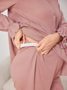 Moonlight&Mama 純色寬鬆喇叭袖前開襟V領孕婦居家服套裝 - 粉色 - 查看 5