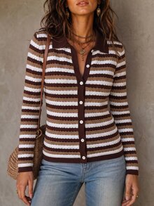 Solivie Women's Colorblock Striped Pattern Long Sleeve Shirt Collar Button Front Knit Cardigan - Coffee Brown - View 8